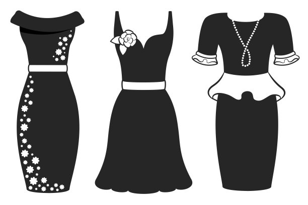 一套黑色的裙子剪影孤立。经典鸡尾酒戴珠宝和玫瑰的集合。优雅的晚礼服，迷人的夜晚。现代设计。平面矢量图图片下载