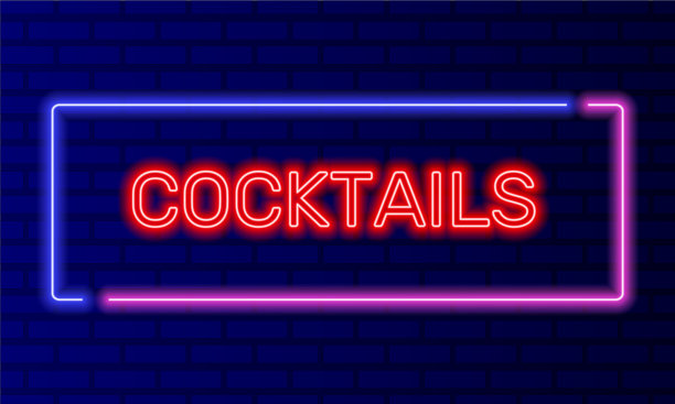 霓虹灯标志鸡尾酒在讲话泡沫框架砖墙背景矢量。光横幅在墙上的背景。鸡尾酒按钮酒精摇，饮用食堂，设计模板，夜间霓虹灯招牌图片下载