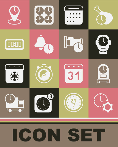 设置时间管理，古董时钟，时钟，日历，闹钟，数字闹钟，区域时钟和睡眠图标。向量图片下载