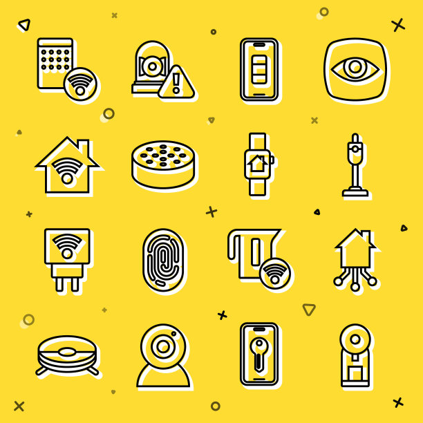 智能咖啡机，家用，吸尘器，智能手机电池充电，水传感器，带wi-fi，空气加湿器和智能手表图标。向量图片下载