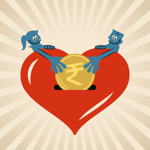 一对男女高兴地将钱放入一个巨大的爱心中图片下载