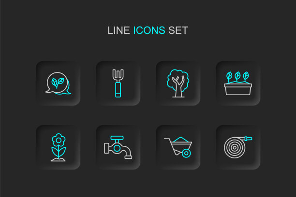 集线花园软管，独轮车，水龙头，花，植物在锅，树，干草叉和叶子图标。向量图片下载