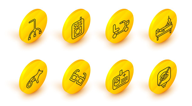 设置线路失明，识别徽章，眼镜，狗轮椅，断腿病人，电动，按SOS按钮和手杖图标。向量图片下载