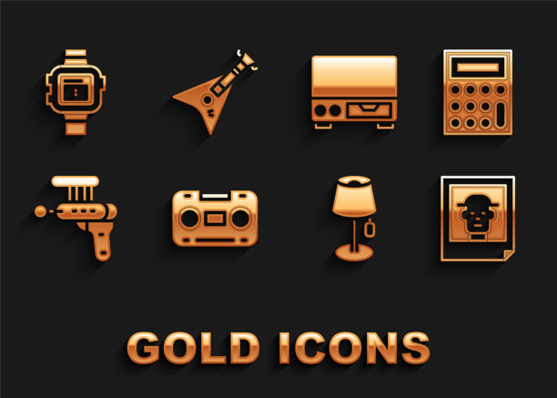 集复古音频磁带，计算器，照片，落地灯，射线枪，旧视频播放器，手表和电子贝斯吉他图标。向量图片下载