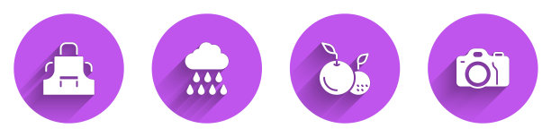 集厨房围裙，云与雨，水果和照片相机图标与长阴影。向量图片下载