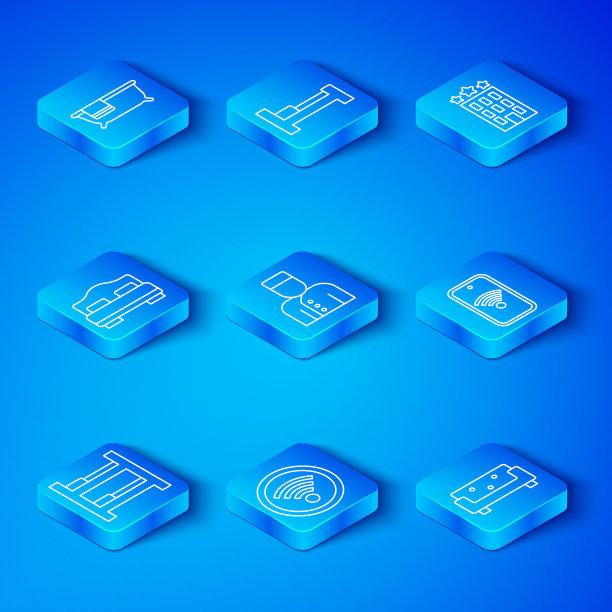 设置线酒店房间床，礼宾部，无线Wi-Fi，移动Wi-Fi，建筑，浴缸和沙发图标。向量图片下载