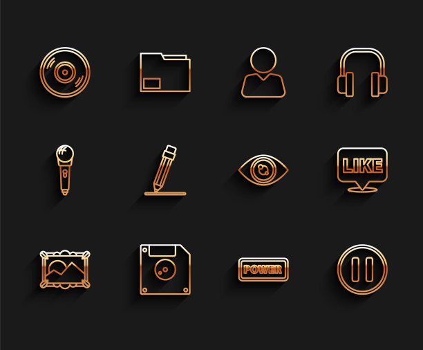 设置线图片景观，软盘用于计算机数据存储，乙烯基，电源按钮，暂停，铅笔与橡皮擦，像语音气泡和眼睛图标。向量图片下载