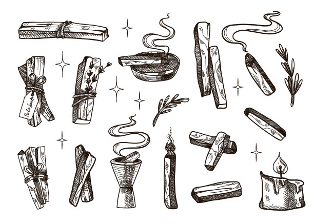 加州圣。手绘棍棒。芳香疗法用于冥想和放松，芳香木材，素描风格绘画。拉丁美洲用烟烧香。瑜伽和深奥的。矢量图图片下载