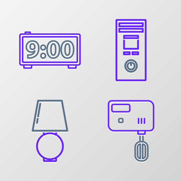 设置线路电动搅拌机，台灯，遥控器和数字闹钟图标。向量图片下载