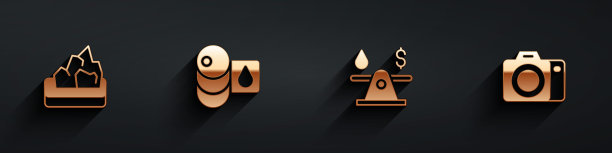 集矿石开采，桶油，油钱和照片相机图标与长阴影。向量图片下载