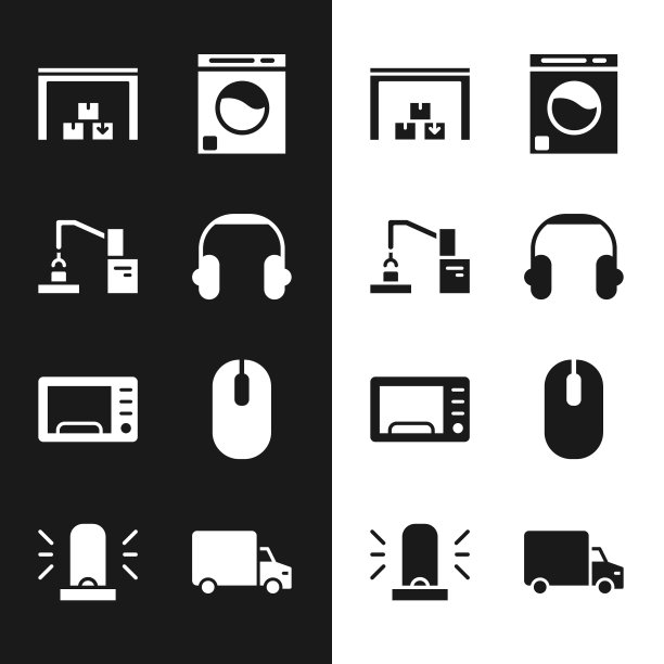设置耳机，机器人手臂工厂，仓库，洗衣机，微波炉，电脑鼠标，送货卡车和闪光警笛图标。向量图片下载