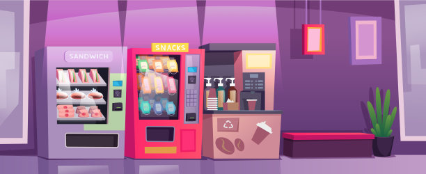 市场里的自动售货机。商场或杂货食品市场与自动售货机精确矢量卡通背景图片下载