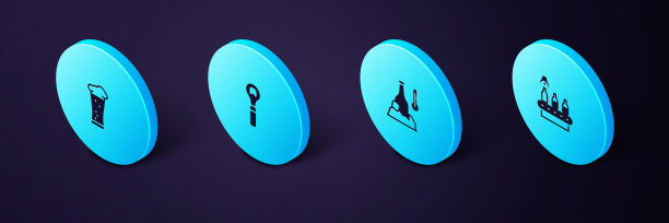 设置等距传送带，啤酒，冷瓶，开瓶器和玻璃的图标。向量图片下载