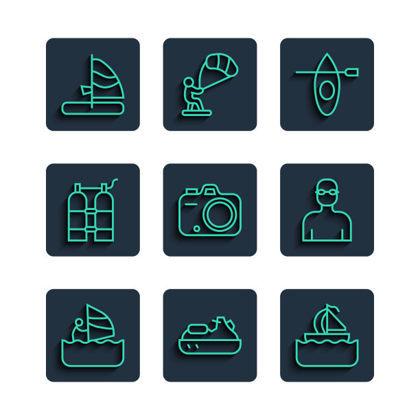 集线风帆冲浪，喷气式滑雪，游艇帆船，皮艇和桨，照片相机，潜水，和游泳者的图标。向量图片下载