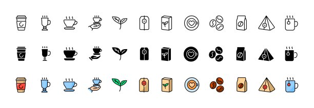 咖啡图标收集。线性，轮廓和平面风格。矢量图标图片下载