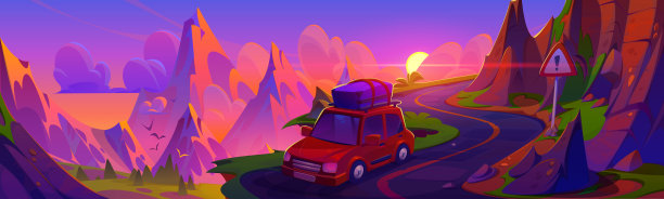 日落时分，汽车在山路上行驶图片下载