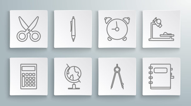 设置线计算器，笔，地球，绘制指南针，笔记本，闹钟，显微镜和剪刀图标。向量图片下载