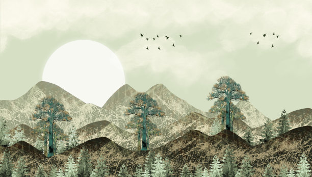 三维现代油画艺术壁画壁纸景观月亮，金色的圣诞树，深绿色的山脉图片下载