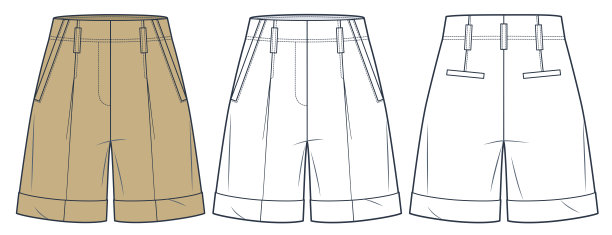 经典短裤技术时尚插画。袖口短裤时尚平面技术图纸模板，高腰，口袋，前后视图，白色，米色，女，男，男女通用的CAD模型集。图片下载