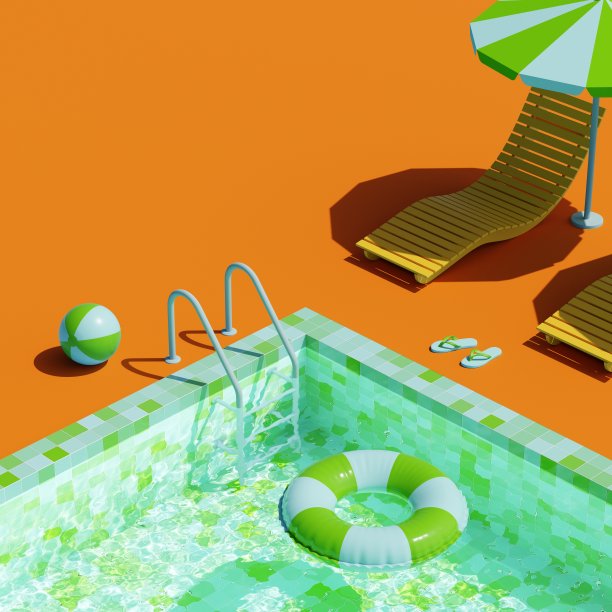 泳池派对概念。游泳池的场景，有太阳躺椅和雨伞。3d插图，渲染。本空间图片下载