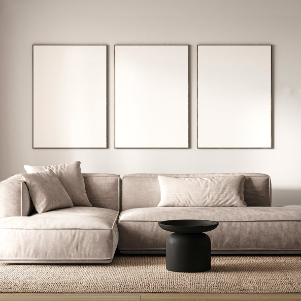 时尚的斯堪的纳维亚客厅，舒适的灰色沙发和抽象的墙框。三维渲染图片下载