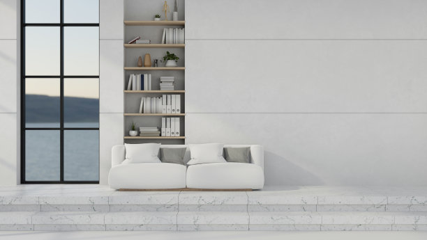 室内设计的当代家庭走廊走廊，白色沙发和大理石楼梯。图片下载