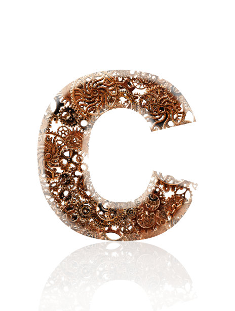 白色背景上的三维金属齿轮字母C的孤立镜头图片下载