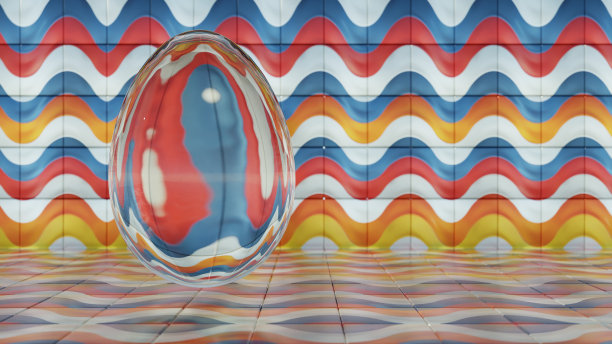 3D极简主义彩蛋设计，玻璃质感和复古波浪元素，融合经典节日象征与现代美学图片下载