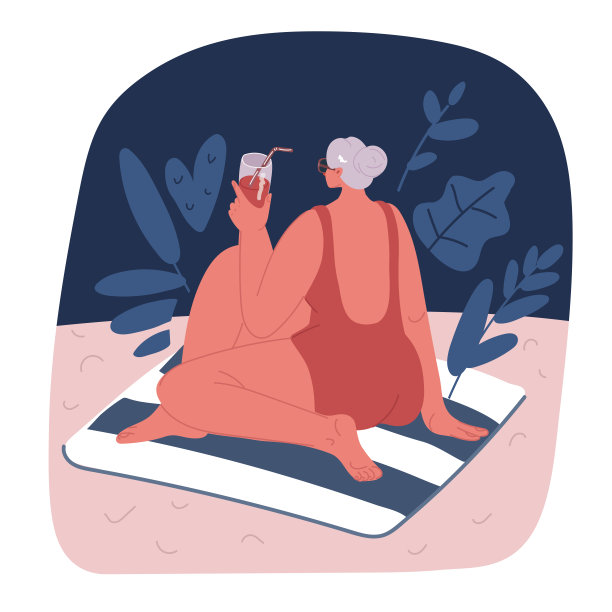 坐在沙滩上遥望远方的女人卡通矢量插画，后视图，傍晚景色图片下载