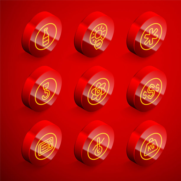 设置线瓶，没有阳光直射，紧急医疗标志，工业挂钩，试管和烧瓶，美元，微波炉和气象温度计图标。向量图片下载