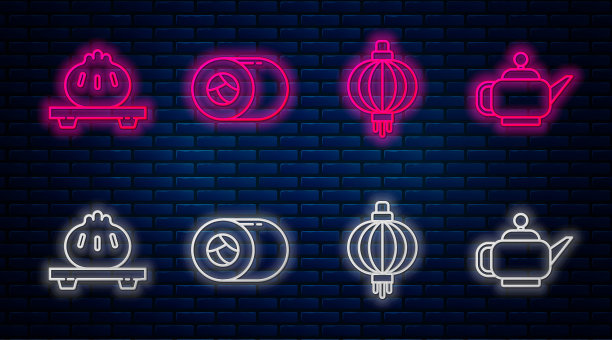 套餐:寿司、日式纸灯笼、菜板饺子、日式茶道。砖墙上发光的霓虹灯图标。向量图片下载