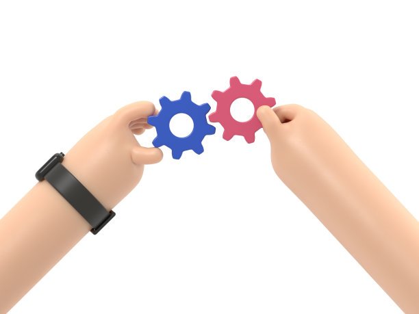 卡通手势图标模型。手绘的两只手握着齿轮的3D插图。白色背景的3D渲染。图片下载