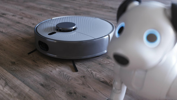 小有趣的机器人智能狗和吸尘器机器人。3 d渲染。图片下载