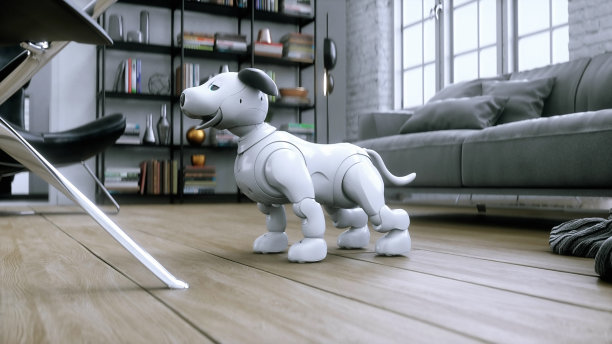 搞笑的小机器狗在房间里醒来。3 d渲染。图片下载