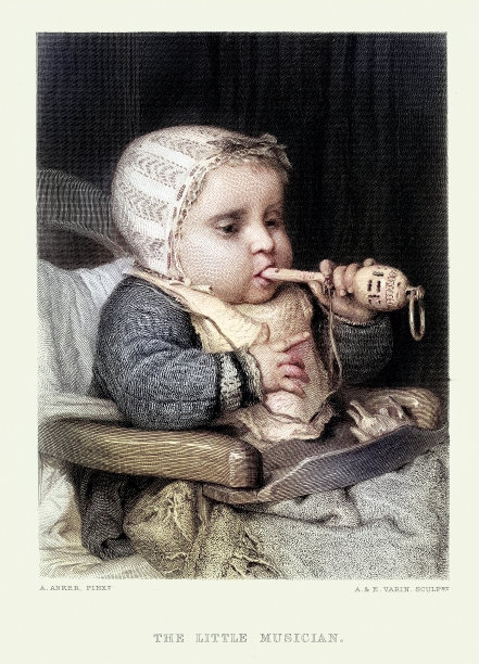 小音乐家，婴儿坐在高脚椅上玩拨浪鼓，维多利亚时代，19世纪70年代图片下载