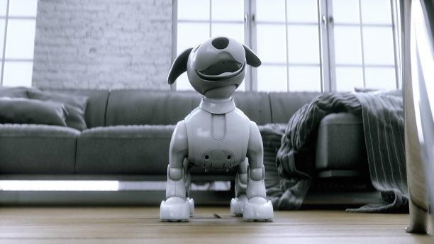 搞笑的小机器狗在房间里醒来。3 d渲染。图片下载
