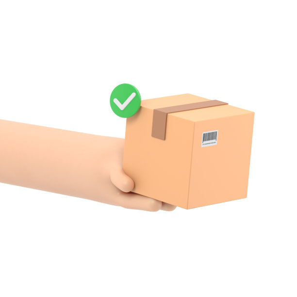 3D手握包裹与检查标记。用纸板箱交付订单。快速交付理念。由信使邮寄。卡通创意设计图标。白色背景3d渲染。图片下载