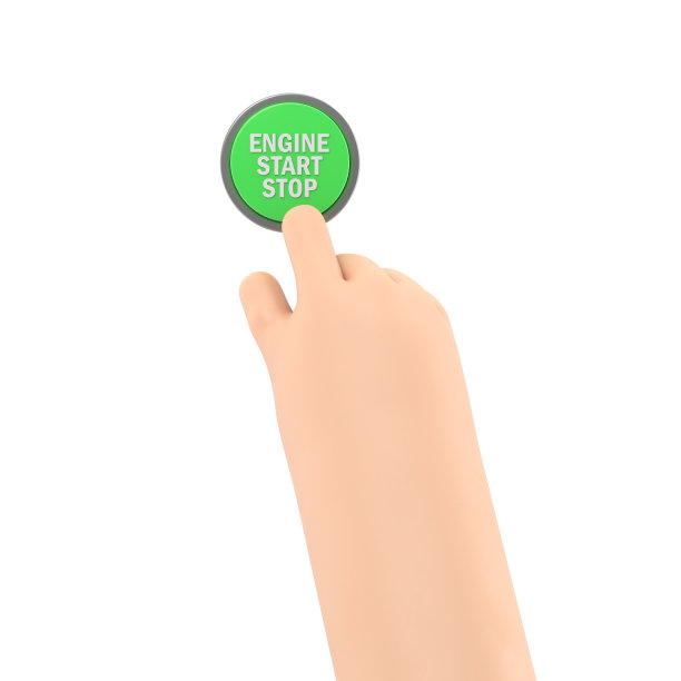 发动机启停系统。发动机启动。人将手指按在汽车电机的启动和停止按钮上。3D插图平面设计。白色背景的3D渲染。图片下载