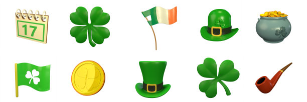 圣帕特里克节的图标在白底3d渲染图片下载