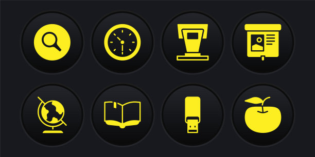 设置地球，投影屏幕，打开的书，USB闪存驱动器，舞台，时钟，苹果和放大镜图标。向量图片下载