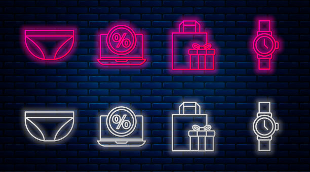 设置线百分之九折扣和笔记本电脑，礼盒，内衣和腕表。砖墙上发光的霓虹灯图标。向量图片下载