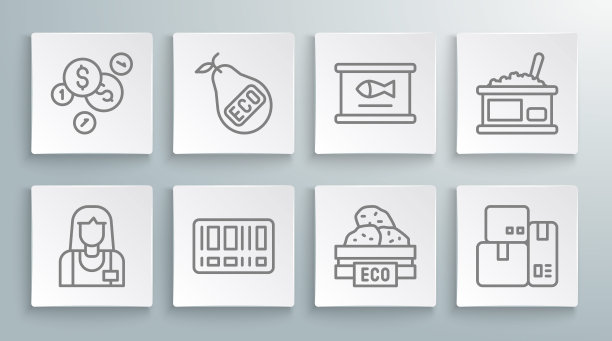 设置线卖家，健康有机梨，条形码，水果木箱，收银机，罐头鱼，罐头鱼子酱和硬币货币美元图标。向量图片下载