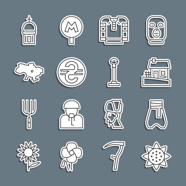 集线向日葵，哥萨克裤，乌克兰的房子，刺绣衬衫，格里夫纳，乌克兰地图，教堂塔和纪念碑独立图标。向量图片下载