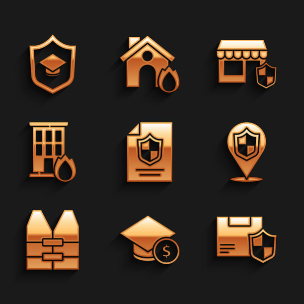 集合同与盾牌，毕业帽和硬币，交付安全，位置，救生衣，火燃烧的房子，购物大楼和图标。向量图片下载