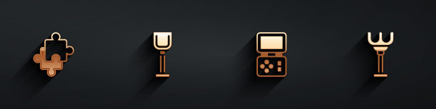 集拼图片玩具，铲子，俄罗斯方块电子游戏和Rake图标与长阴影。向量图片下载