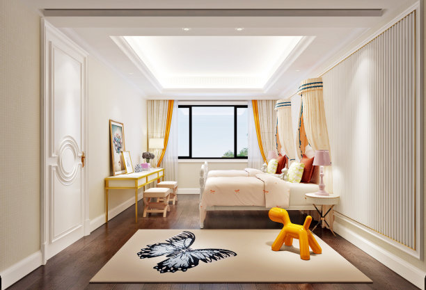 酒店房间，卧室的3d渲染图片下载