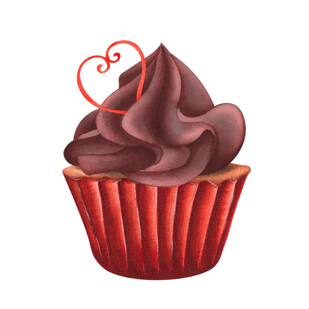 甜蜜的纸杯蛋糕装饰和奶油画在水彩和孤立的白色背景图片下载