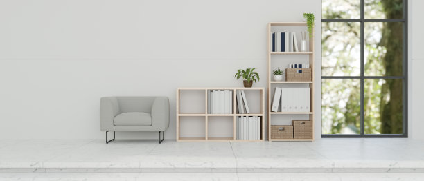 室内设计采用现代感的走廊走廊，配有扶手椅、大理石楼梯、书柜。图片下载