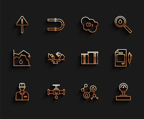 集线油商，漏水破管，感叹号三角形，分子油，量规，失事油轮，合同钱和笔，工业厂房图标。向量图片下载