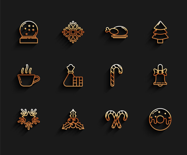 圣诞星、荚蒾或欧洲荚蒾枝条、落雪水晶球、糖果手杖条纹、甜甜圈糖霜、礼品盒袋、欢乐铃铛图标矢量素材图片下载